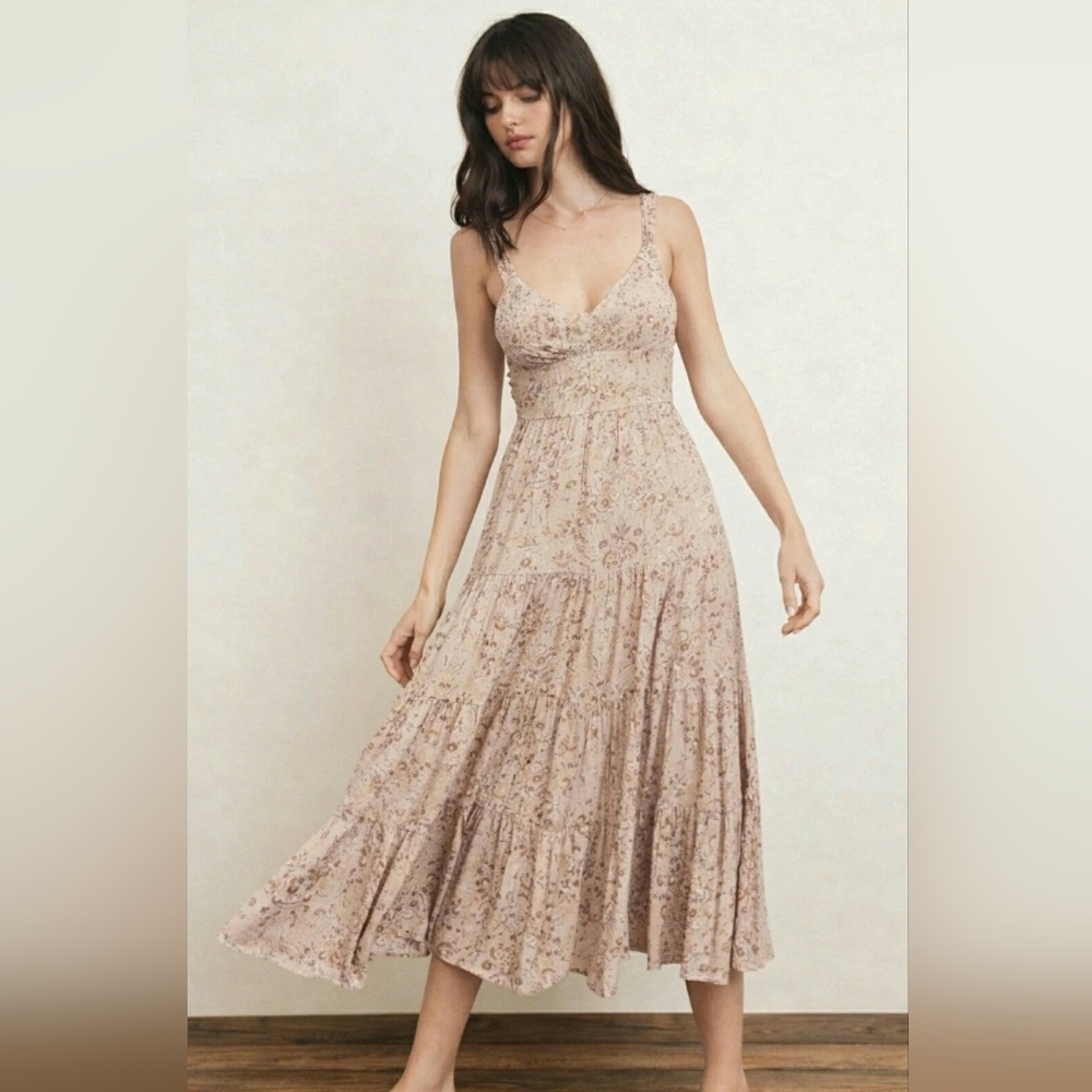 VICI Tying Bow at Back Midi Tiered Dress,Size M,Floral